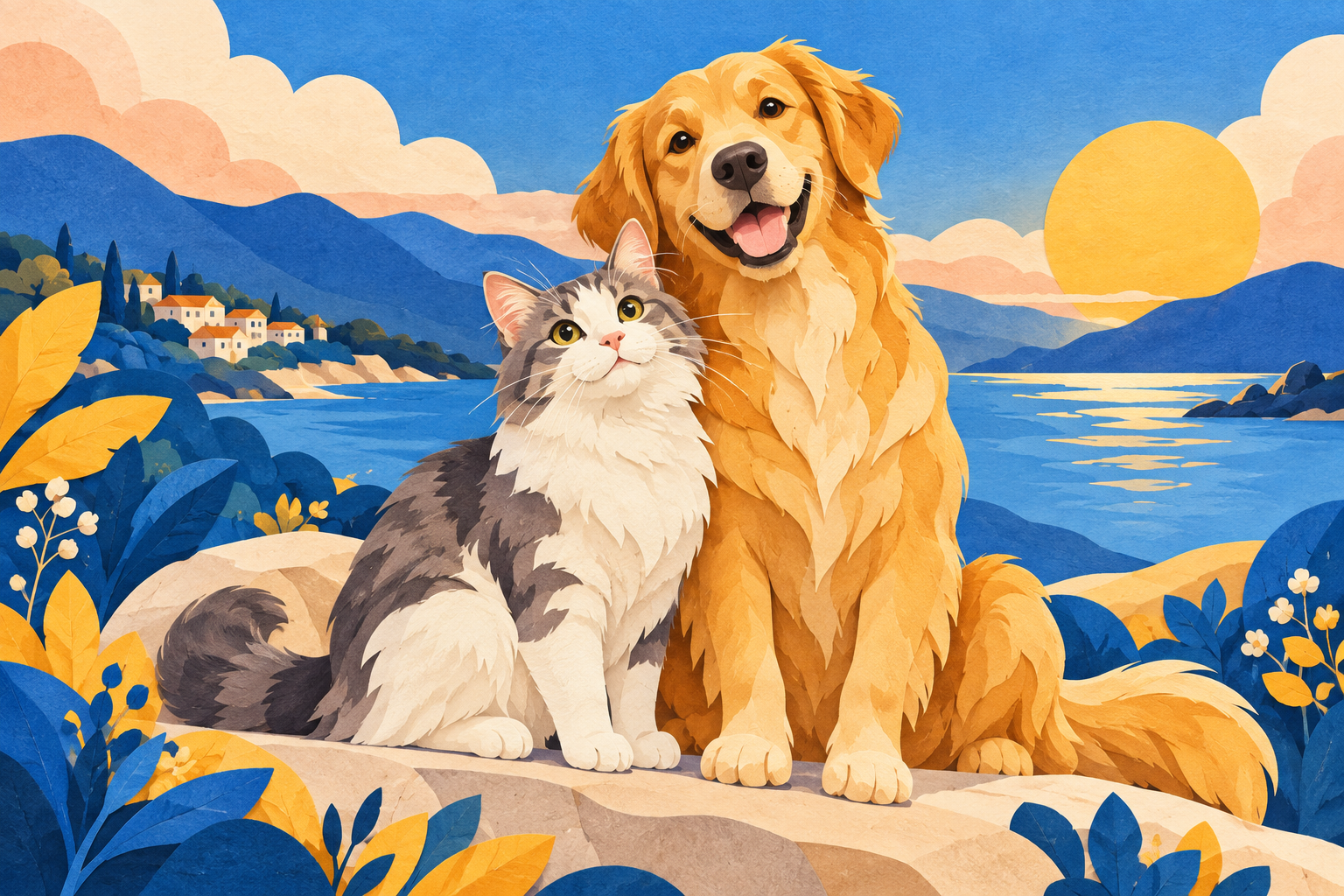 插画:一只猫和一只狗坐在湖边,面向观众